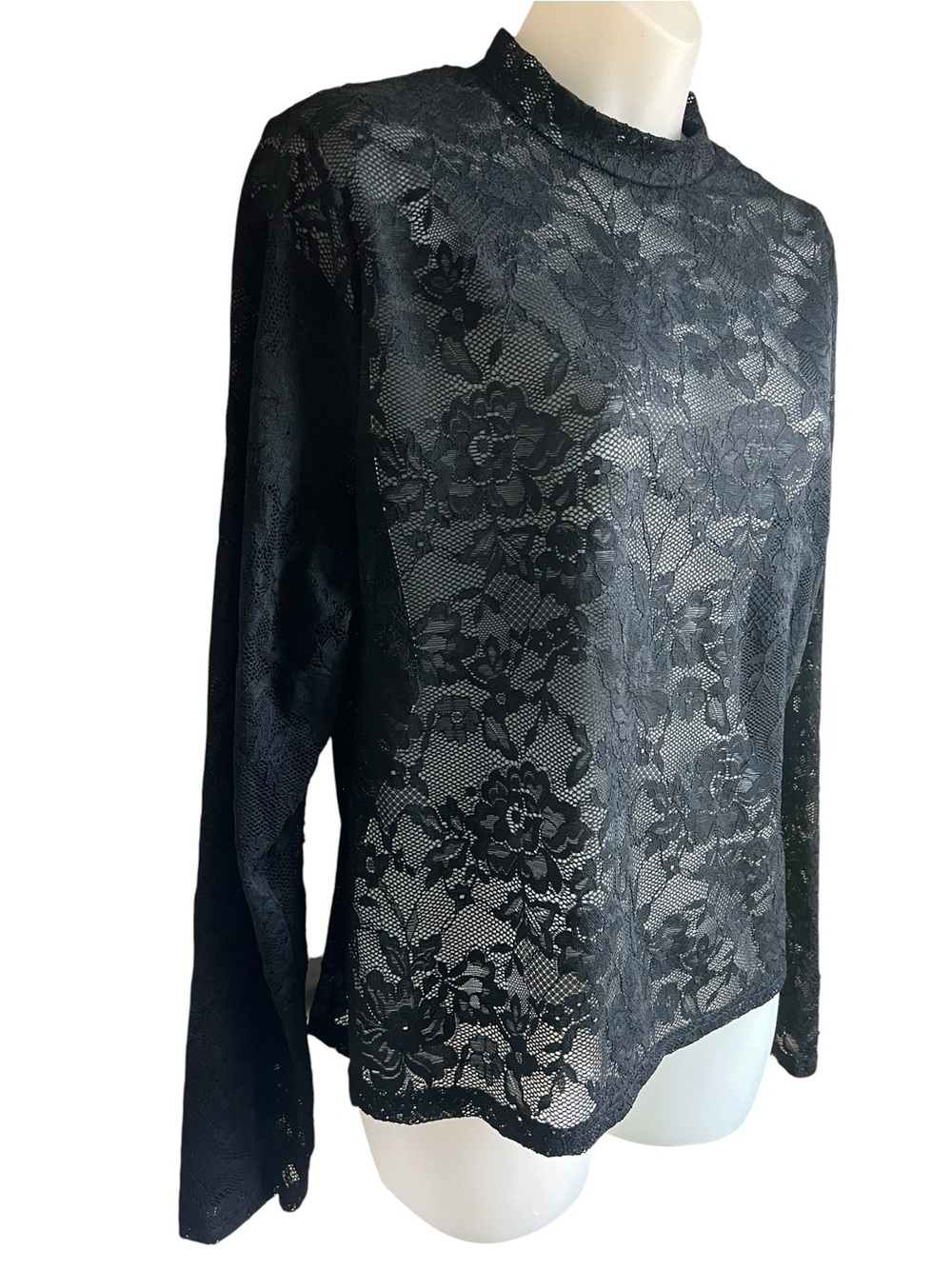 Shein Curve 3XL Black Floral Lace Sheer Mock Neck Long Sleeve Goth‎ Boho Top